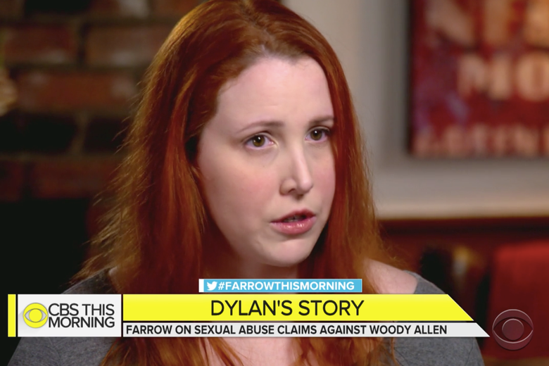 Dylan Farrow, with a chyron that says "Dylan's Story: Farrow on sexual abuse claims against Woody Allen."